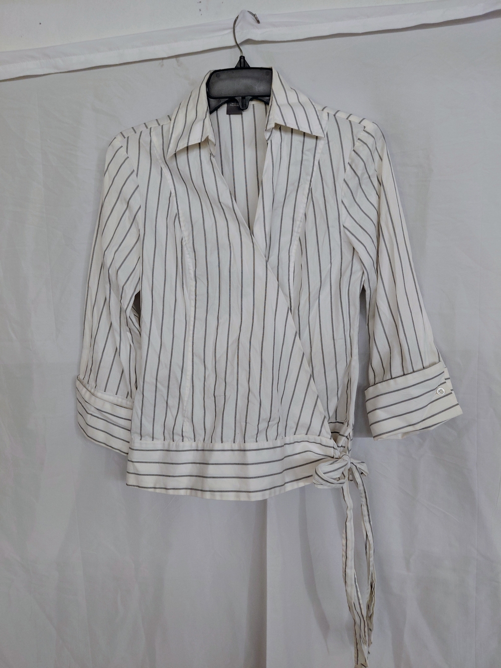Ann Taylor White and Black Striped Wrap Button-Down Blouse
